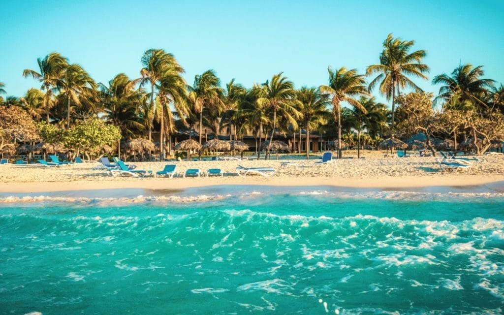 Un panorama idyllique sur la mer des Caraïbes à Cuba. L'image dépeint une plage de sable fin bordée de palmiers ondoyants et de chaises longues invitant à la détente, avec les vagues turquoise venant doucement caresser le rivage sous un ciel sans nuage, évoquant une évasion parfaite sous les tropiques pour le mois de janvier.