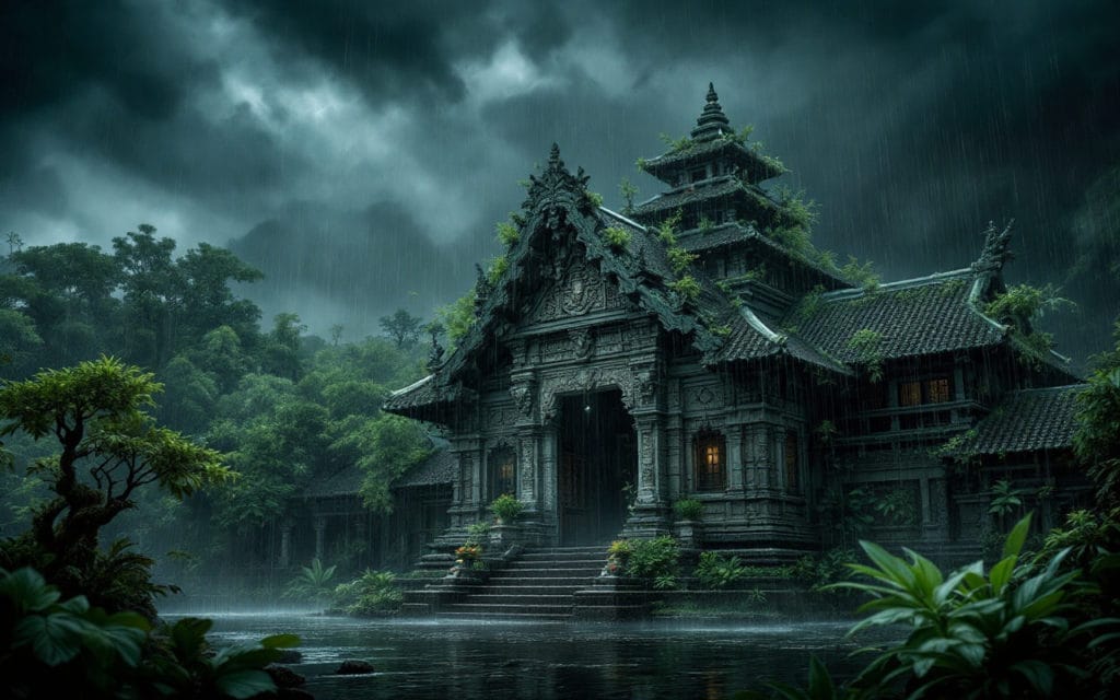 Image d'un temple balinais traditionnel sous la pluie, avec des sculptures en pierre élaborées et une végétation luxuriante. Des nuages sombres et des gouttes d'eau tombent du toit, créant une atmosphère mystique.