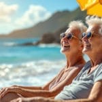 Un couple de retraités profitant d'une belle plage ensoleillée, assis sur des chaises de plage sous un parasol, avec des sourires détendus, entourés par des vagues douces et un ciel bleu.