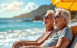 Un couple de retraités profitant d'une belle plage ensoleillée, assis sur des chaises de plage sous un parasol, avec des sourires détendus, entourés par des vagues douces et un ciel bleu.