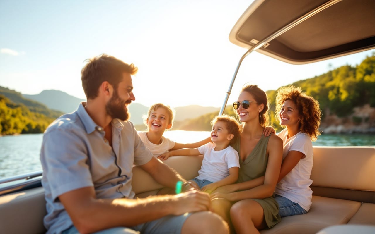 Une famille passe du temps sur un bateau privé, entourée d'un paysage magnifique avec une végétation luxuriante et un ciel ensoleillé.