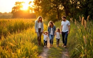 Une famille se promenant sur un sentier dans un marais, entourée de roseaux verdoyants et de végétation vibrante, avec le soleil couchant en arrière-plan.