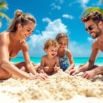 Une famille s'amusant à la plage sur une île tropicale, jouant dans le sable et construisant un château de sable sous un ciel bleu brillant, avec des palmiers en arrière-plan et une ambiance joyeuse.