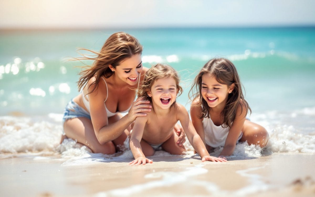 Une famille heureux passant du temps à la plage, jouant dans le sable avec une mer turquoise et des vagues douces sous un soleil radieux.