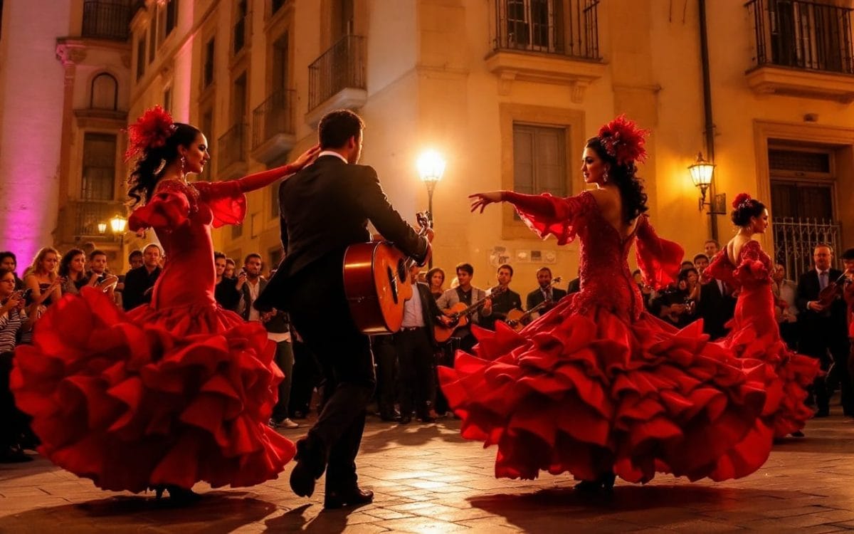 Performance de flamenco traditionnel à Grenade, avec des danseurs en robes rouges vibrantes, exécutant des pas complexes dans une ambiance chaleureuse, entourés d'architecture historique au crépuscule.