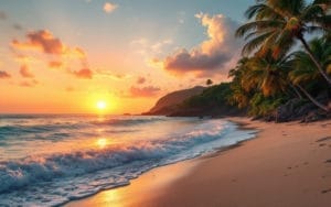 Une plage paisible au coucher de soleil avec des vagues douces, le soleil doré plongeant à l'horizon, des teintes chaudes d'orange et de rose, et des palmiers rustlant sous une légère brise.