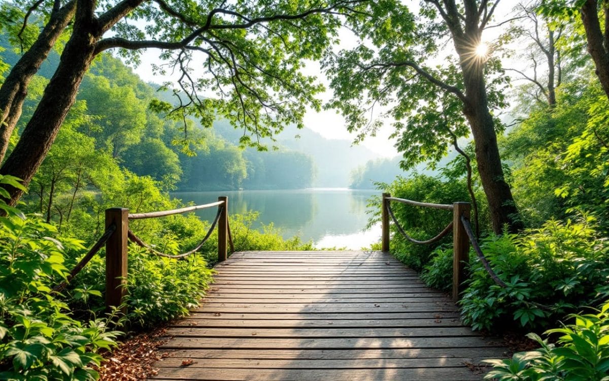 Point d'observation pour l'observation des oiseaux, avec une plateforme en bois surplombant un lac paisible, entouré de verdure luxuriante au lever du soleil.