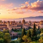 Une magnifique vue du palais de l'Alhambra au coucher du soleil, avec des teintes chaudes d'orange et de rose se reflétant sur les détails architecturaux complexes, entouré de verdure luxuriante.