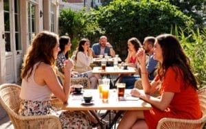 Terrasse de café à Pristina avec des personnes profitant de leurs boissons, dans une ambiance animée sous un soleil chaud, entourée de verdure.