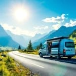 Une image d'un grand camping-car sur une route pittoresque, entouré de verdure luxuriante et de paysages montagneux, sous un ciel bleu dégagé et baigné de soleil.