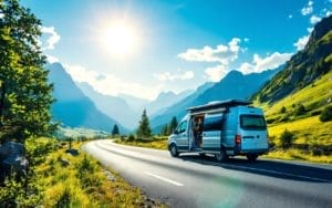 Une image d'un grand camping-car sur une route pittoresque, entouré de verdure luxuriante et de paysages montagneux, sous un ciel bleu dégagé et baigné de soleil.
