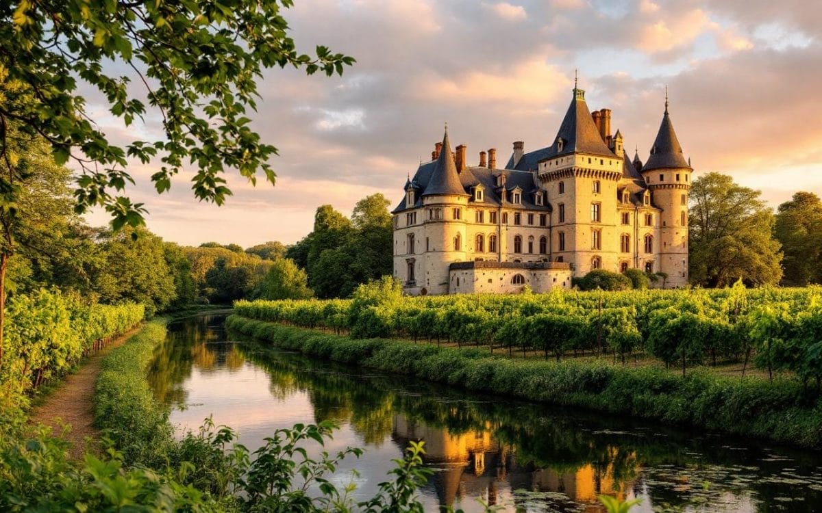 Une vue du chateau historique en Bourgogne, entouré de vignes verdoyantes, illuminé par une douce lumière du soir, reflétant dans une rivière calme.