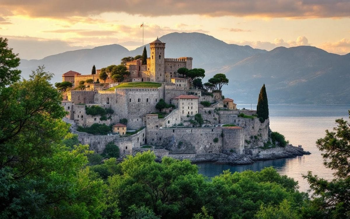 Image de la citadelle historique de Porto-Vecchio, montrant des murs en pierre détaillés, illuminés par un éclairage doux au coucher du soleil, entourée d'une végétation luxuriante.