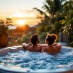 Un couple détendu profitant d'un jacuzzi privé, entouré de verdure luxuriante et baigné dans une douce lumière ambiante au crépuscule.