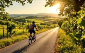 Un cycliste profitant d'une route pittoresque en Bourgogne, entouré de vignes luxuriantes et de collines ondulantes, sous un soleil radieux.