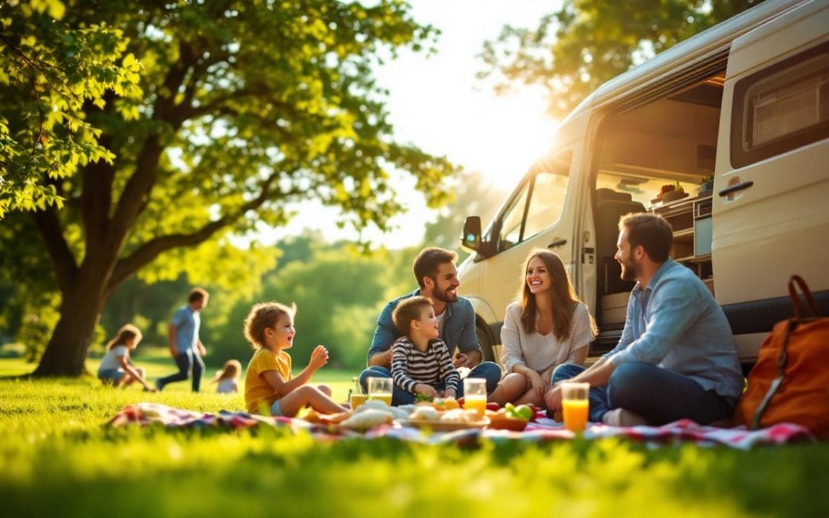 Une famille heureuse profitant d'un pique-nique à l'extérieur de leur van aménagé 5 places, entourée d'un parc verdoyant avec des enfants jouant à proximité.