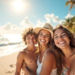 Une famille joyeuse en vacances, souriante et détendue, se tenant sur une plage de sable avec un ciel bleu éclatant et le soleil doré illuminant leurs visages, des vagues douces en arrière-plan.