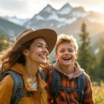 Une famille en randonnée dans les montagnes, explorant un paysage verdoyant avec des sommets majestueux en arrière-plan et une lumière dorée filtrant à travers les arbres.