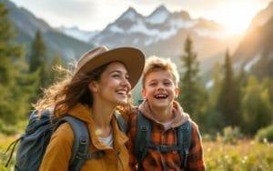 Une famille en randonnée dans les montagnes, explorant un paysage verdoyant avec des sommets majestueux en arrière-plan et une lumière dorée filtrant à travers les arbres.