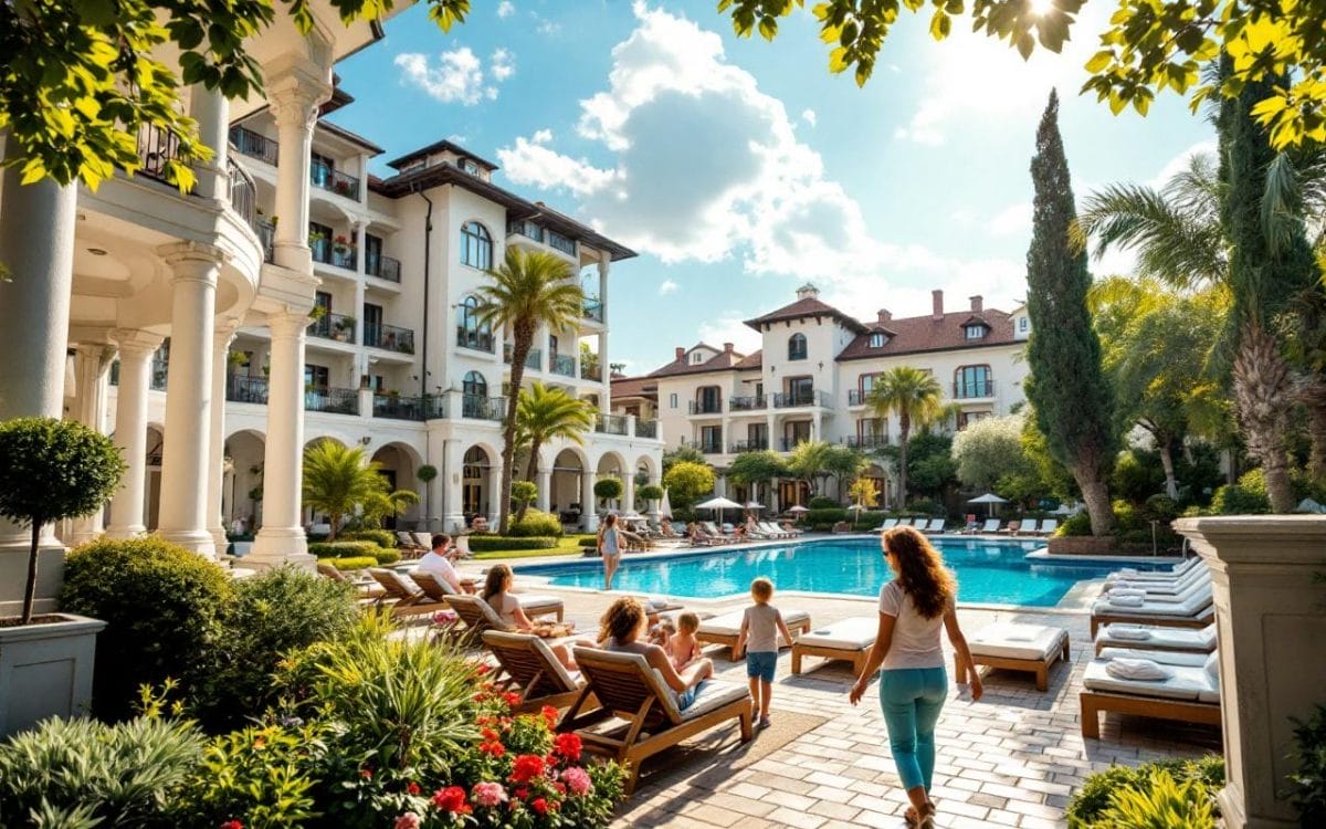 Image d'un hôtel familial de luxe avec une architecture élégante, des jardins luxuriants et une piscine accueillante, baignant dans une lumière chaude. L'atmosphère est joyeuse et conviviale, idéale pour les familles.