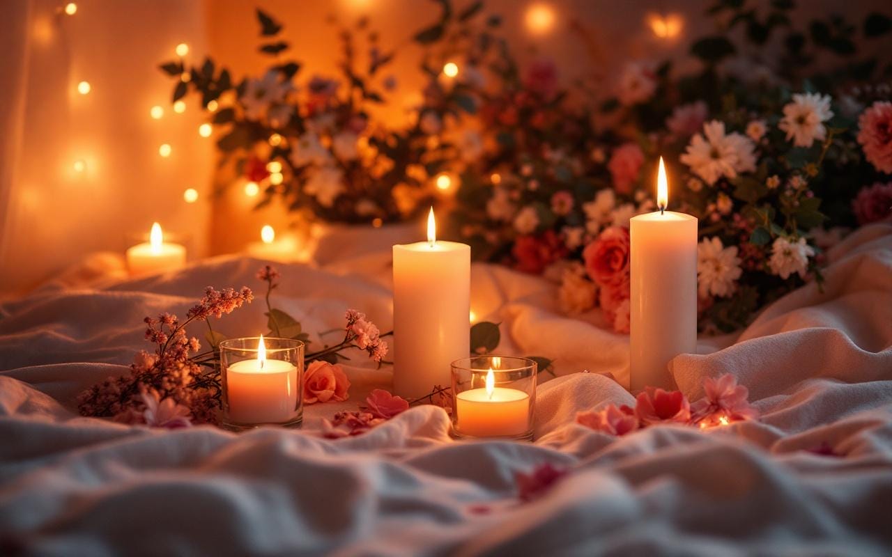 Une chambre romantique avec une disposition de bougies et de fleurs, créant une ambiance chaleureuse et intime. Les bougies diffusent une lumière douce, tandis que les fleurs ajoutent une touche de fraîcheur et de couleur à l'ensemble.