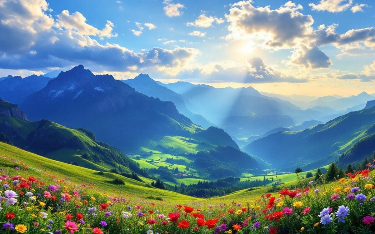 Une photo illustrant un paysage magnifique avec des montagnes sereines sous un ciel bleu, des vallées verdoyantes et des fleurs sauvages colorées au premier plan, illuminées par une lumière dorée.