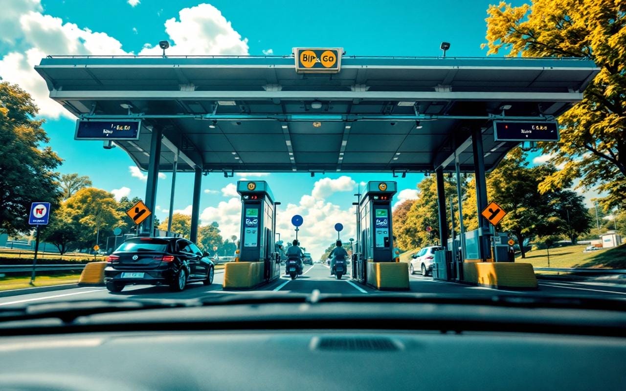 Une image illustrant un péage avec une voiture dont le pare-brise affiche un badge Bip&Go, sous un ciel ensoleillé, avec des arbres et des panneaux routiers en arrière-plan.