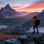Un photographe de voyage en action, prenant des photos dans un paysage montagneux époustouflant au lever du soleil.