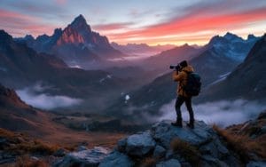 Un photographe de voyage en action, prenant des photos dans un paysage montagneux époustouflant au lever du soleil.