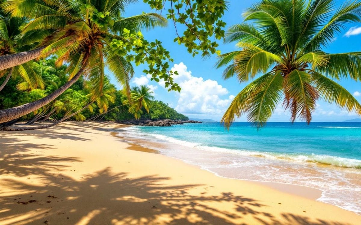 Une magnifique plage à Diani avec des sables dorés et des eaux turquoise, entourée de palmiers sous un ciel bleu dégagé.