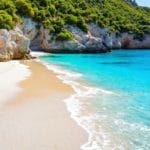 Une belle plage à Porto-Vecchio avec du sable blanc et des eaux turquoise. Des falaises verdoyantes en arrière-plan sous un ciel ensoleillé, créant un environnement idyllique et relaxant.