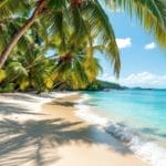 Une plage isolée avec des eaux turquoise, du sable blanc doux, des palmiers se balançant doucement dans la brise, créant une ambiance sereine et tranquille.