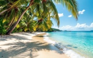 Une plage isolée avec des eaux turquoise, du sable blanc doux, des palmiers se balançant doucement dans la brise, créant une ambiance sereine et tranquille.