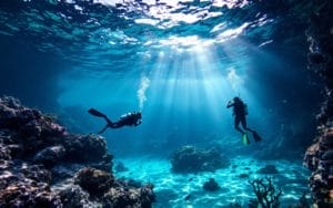 Scène de plongée autour de l'île du Frioul montrant des plongeurs explorant la vie marine dans des eaux bleu vif, avec des rayons de soleil filtrant à travers la surface de l'eau.