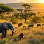 Image d'une scène de safari en Afrique, avec des éléphants et des lions dans la savane kenyane, éclairée par un coucher de soleil chaleureux, entourée d'acacias et d'une riche verdure.