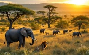 Image d'une scène de safari en Afrique, avec des éléphants et des lions dans la savane kenyane, éclairée par un coucher de soleil chaleureux, entourée d'acacias et d'une riche verdure.