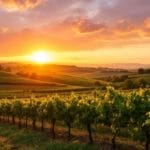Un vignoble en Bourgogne pendant le coucher de soleil, avec des vignes luxuriantes et des collines ondulantes baignées d'une lumière dorée et chaleureuse.