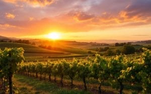 Un vignoble en Bourgogne pendant le coucher de soleil, avec des vignes luxuriantes et des collines ondulantes baignées d'une lumière dorée et chaleureuse.