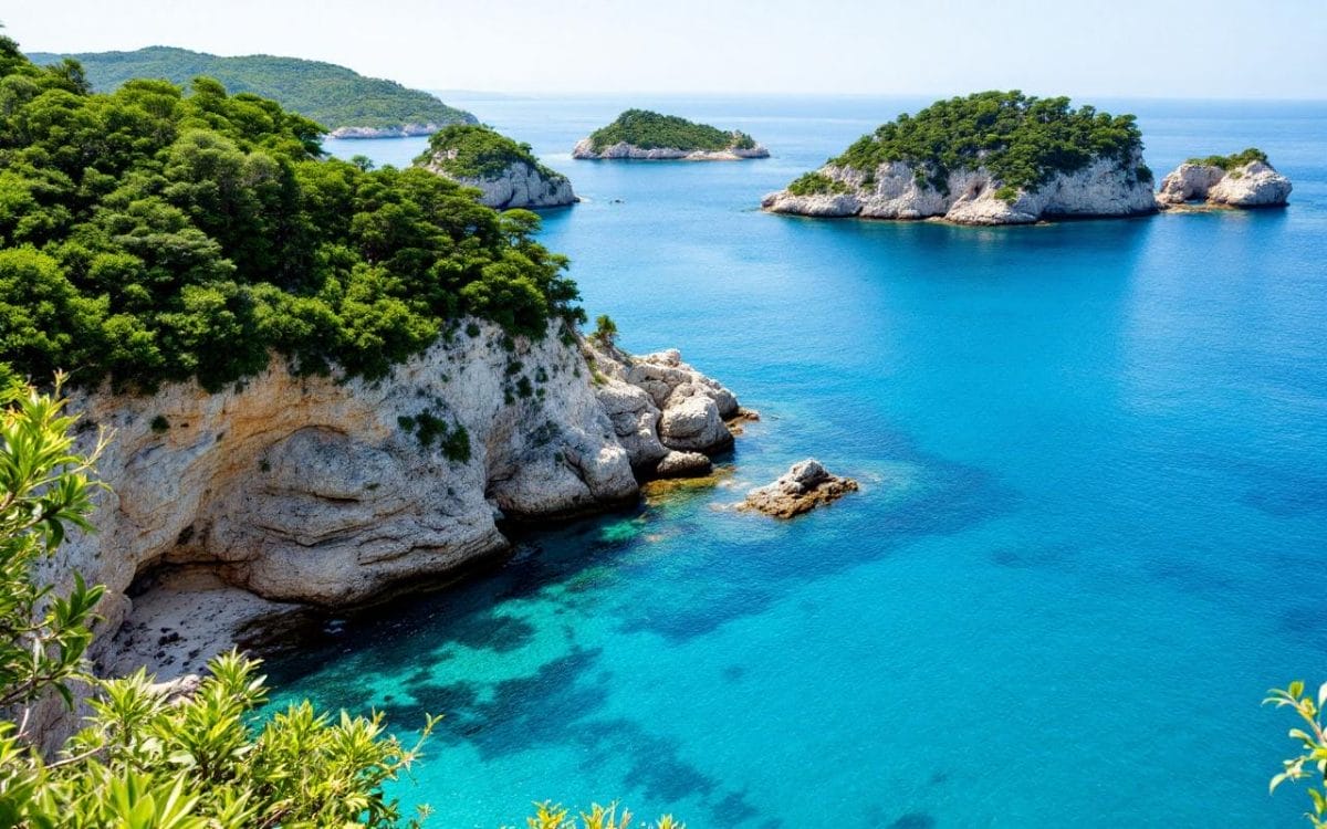 Vue pittoresque de l'archipel des Frioul avec des eaux cristallines, des falaises rocheuses et une végétation luxuriante sous un soleil radieux.