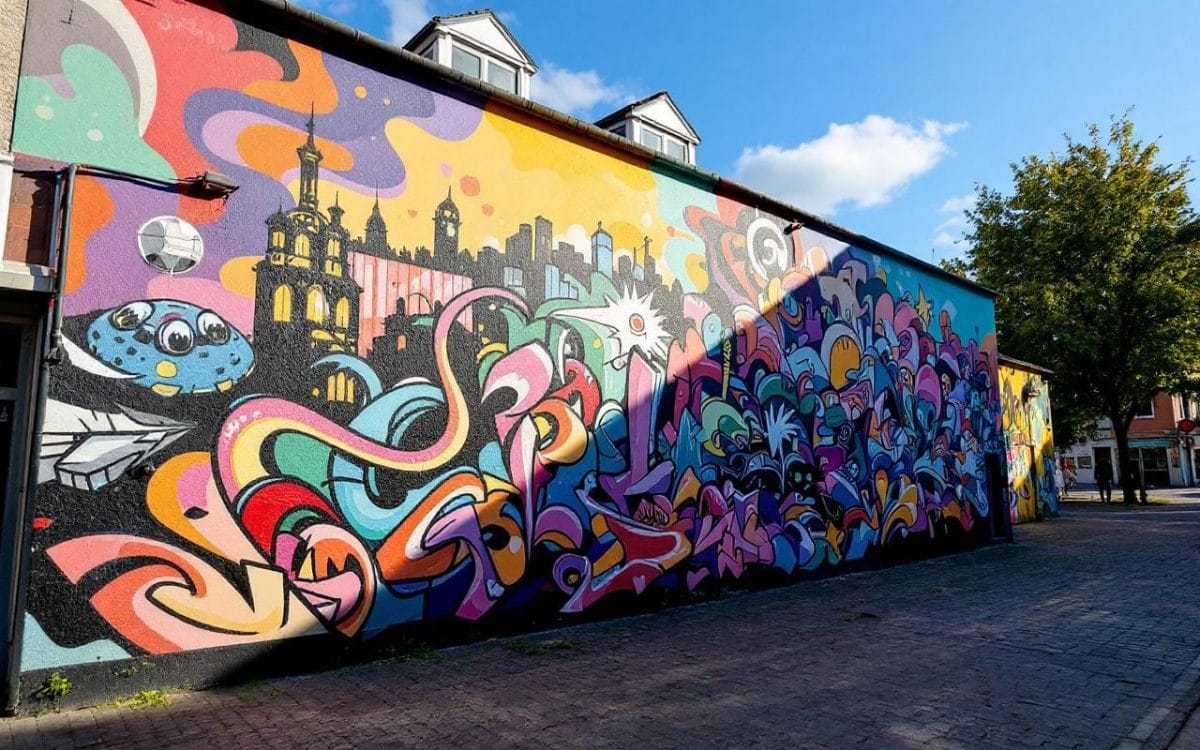 Une fresque de street art colorée dans le centre-ville d'Ostende, mettant en valeur des graffitis détaillés dans un environnement urbain ensoleillé.